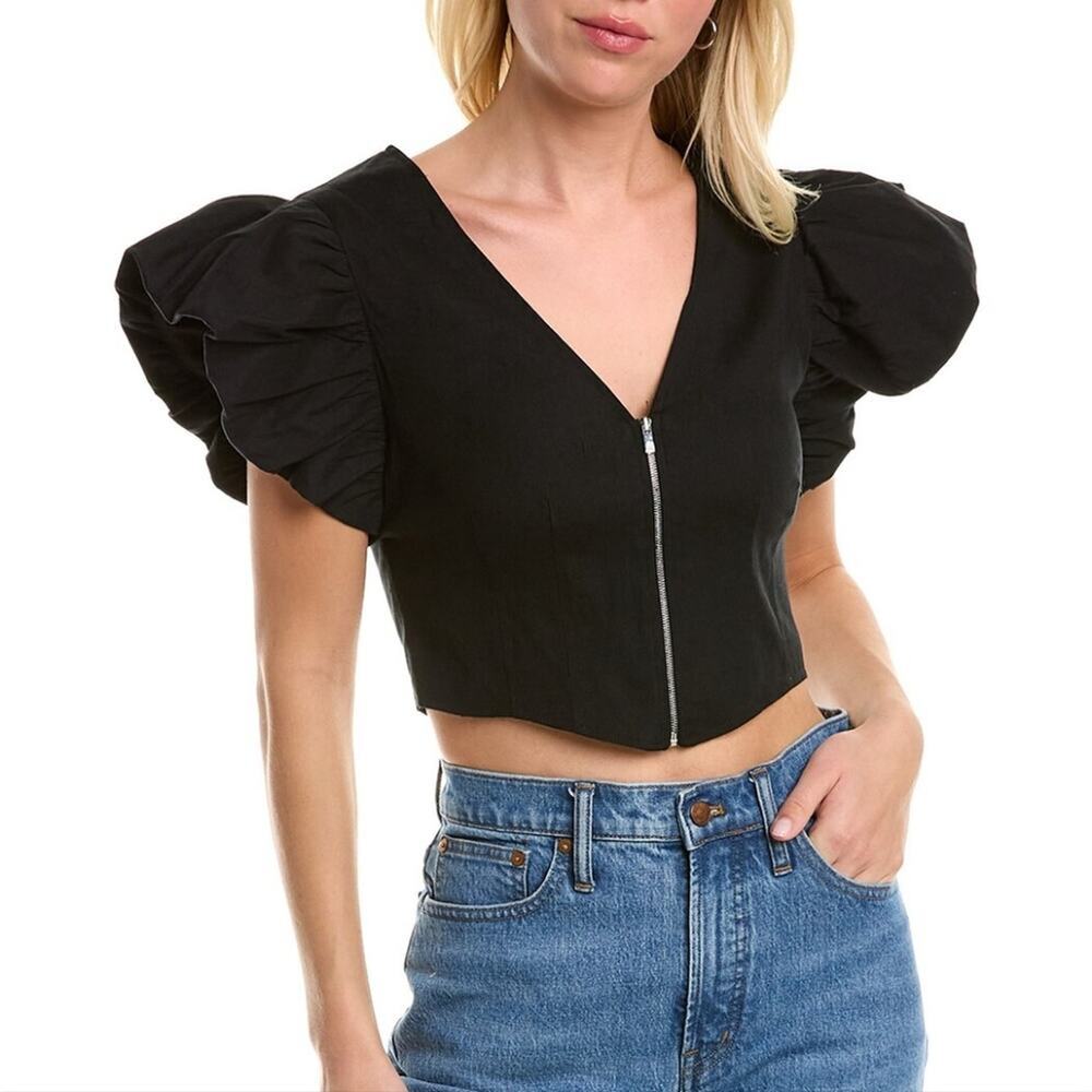 NWOT Derek Lam 10 Crosby Genna Puff Sleeve Front Zip Linen Blend Top Cropped